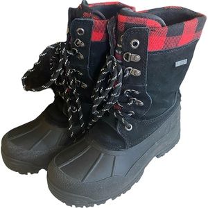 Tamarack - Plaid trimmed waterproof boots. Foam lining. Black, women’s size 6
